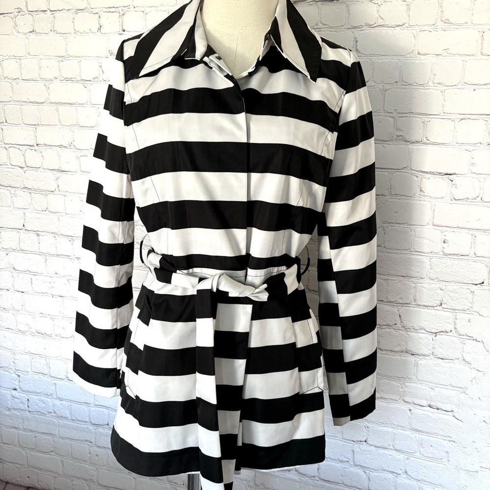 CYNTHIA ROWLEY Black & White Striped Short Trench Coat--EUC--S - Picture 2 of 16